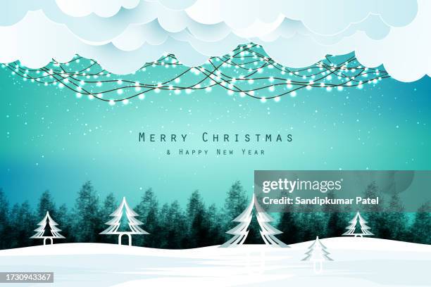 merry christmas winter landscape scene with trees and falling snow background - fallen christmas tree stock illustrations