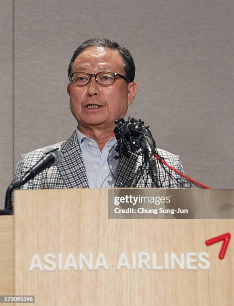 Yoon Young-Doo, President of the Asiana Airlines attends a media briefing at their headquarters on July 7, 2013 in Seoul, South Korea. Two people are...