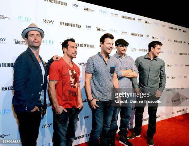 Joey McIntyre, Danny Wood, Jordan Knight, Donnie Wahlberg and Jonathan Knight of New Kids On The Block arrive at Pure Nightclub at Caesars Palace on...