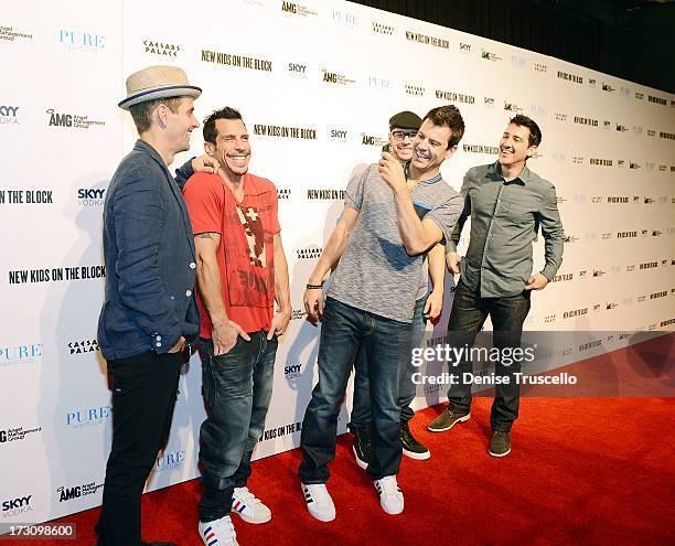 Joey McIntyre, Danny Wood, Jordan Knight, Donnie Wahlberg and Jonathan Knight of New Kids On The Block arrive at Pure Nightclub at Caesars Palace on...
