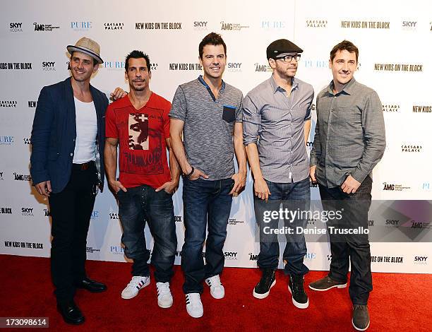 Joey McIntyre, Danny Wood, Jordan Knight, Donnie Wahlberg and Jonathan Knight of New Kids On The Block arrive at Pure Nightclub at Caesars Palace on...