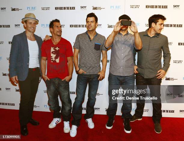 Joey McIntyre, Danny Wood, Jordan Knight, Donnie Wahlberg and Jonathan Knight of New Kids On The Block arrive at Pure Nightclub at Caesars Palace on...