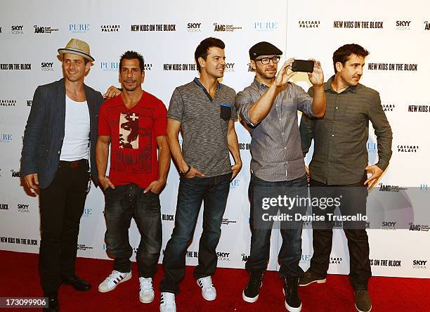 Joey McIntyre, Danny Wood, Jordan Knight, Donnie Wahlberg and Jonathan Knight of New Kids On The Block arrive at Pure Nightclub at Caesars Palace on...