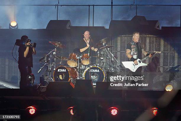 James Hetfield , and Lars Ulrich of Metallica perform on stage on Day 3 of the Roskilde Festival on July 6, 2013 in Roskilde, Denmark.