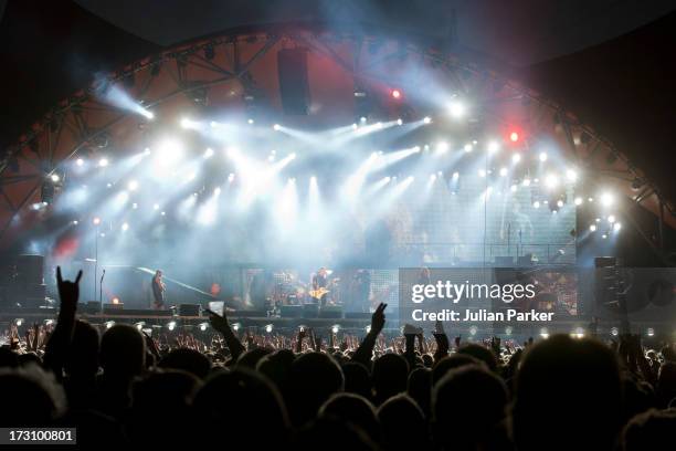 Metallica perform on stage on Day 3 of the Roskilde Festival on July 6, 2013 in Roskilde, Denmark.