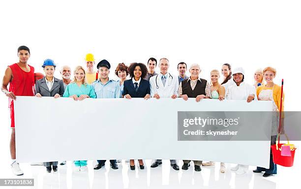 large group of various occupations people holding blank paper. - verschillende beroepen stockfoto's en -beelden