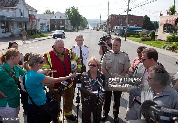 Lac-Megantic Mayor Colette Roy-Laroche speaks to the media on July 7, 2013 concerning the freight train loaded with oil that derailed July 6 in...