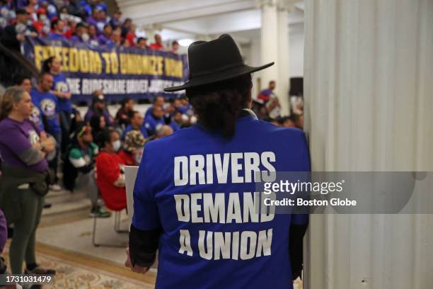 Boston, MA Hundreds of Uber and Lyft drivers went to a rally inside the Massachusetts State House to call for the formation of a ride-sharing union.