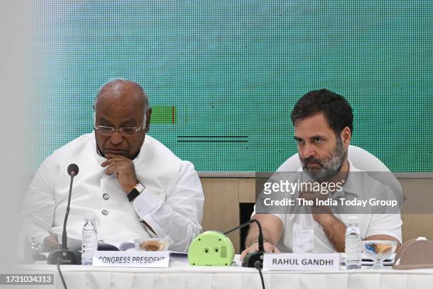New Delhi, India – October 09: Congress party president Mallikarjun Kharge with party leader Rahul Gandhi during the Congress Working Committee...