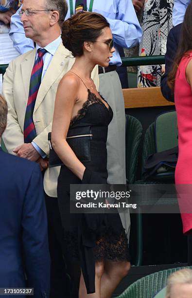 Victoria Beckham attends the Men's Singles Final between Novak Djokovic and Andy Murray on Day 13 of the Wimbledon Lawn Tennis Championships at the...