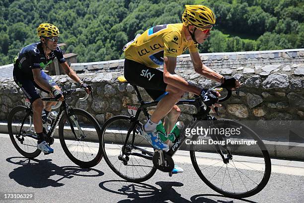 Chris Froome of Great Britain riding for Sky Procycling is followed by Aljeandro Valverde of Spain riding for Team Movistar during stage nine of the...