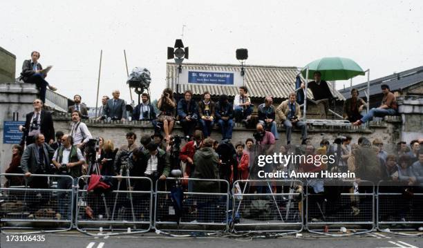 Press photographers wait outside the Lindo Wing of St Mary's Hospital following the birth of Prince William on June 21, 1982 in London, England.