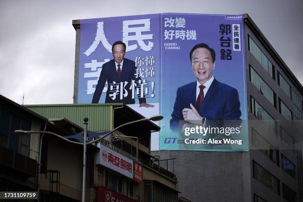 Campaign billboard features founder of Foxconn and independent presidential candidate Terry Gou seen on a building on October 12, 2023 in New Taipei...