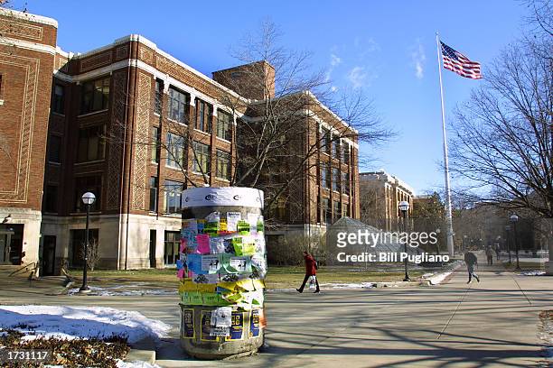Students walk across the University of Michigan campus January 17, 2003 in Ann Arbor, Michigan. The university's admissions policy is the subject of...