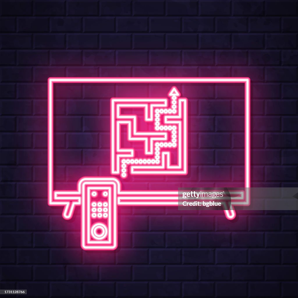 TV with maze. Glowing neon icon on brick wall background