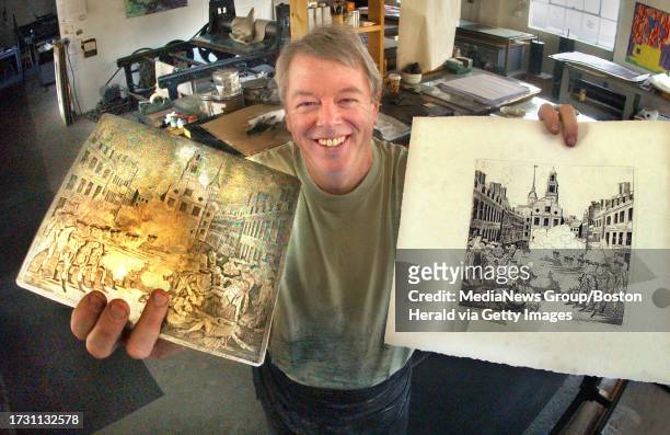Portrait of Townsend displaying the print of The Boston Massacre and the original plate that he says was made in 1770 by Paul Revere inside his...