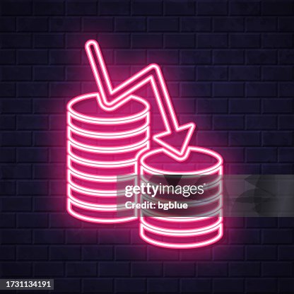 Money decrease. Glowing neon icon on brick wall background Money decrease. Glowing neon icon on brick wall background