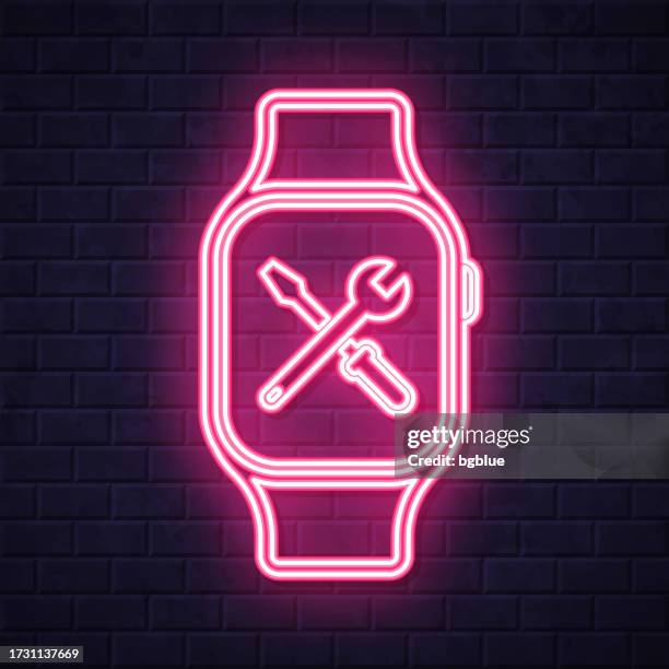 smartwatch settings - tools. glowing neon icon on brick wall background - wall panel stock illustrations