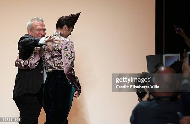 Designer Jean Paul Gaultier acknowledges the public during his Houte Couture Paris fashion show as part of AltaRoma AltaModa Fashion Week at Santo...