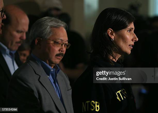 National Transportation Safety Board Chairwoman Deborah Hersman speaks during a news conference as San Francisco mayor Ed Lee looks on at San...