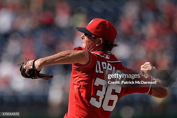 Tyler Clippard of the Washington Nationals throws a pitch in the ninth inning of a game against the San Diego Padres at Nationals Park on July 7,...