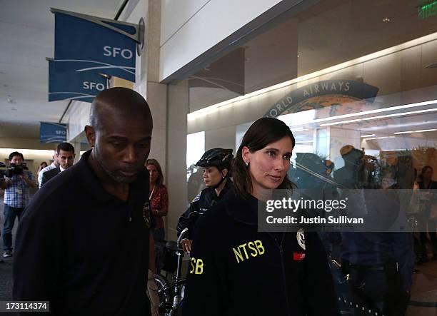 National Transportation Safety Board Chairwoman Deborah Hersman leaves a news conference at San Francisco International Airport on July 7, 2013 in...