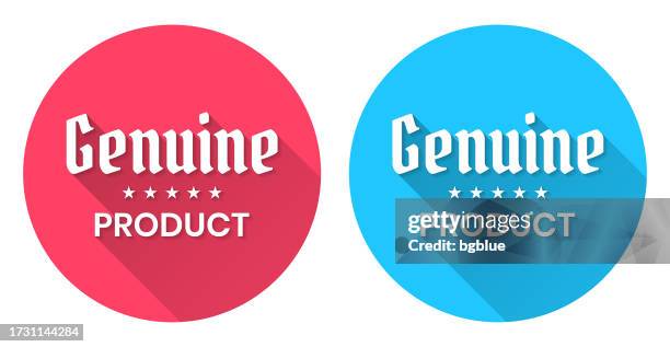 genuine product. round icon with long shadow on red or blue background - authentic stock illustrations