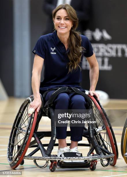 Catherine, Princess of Wales tries her hand at wheelchair rugby and joins a training session facilitated by members of the world-cup winning England...