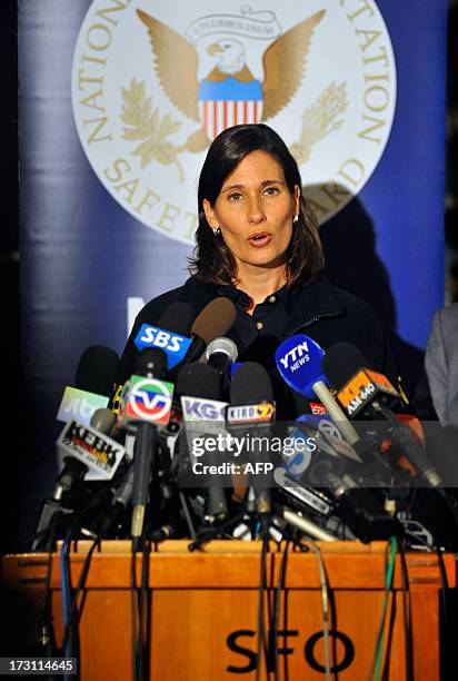 National Transportation Safety Board Chairman Debrah Hersman addresses a news conference at San Francisco International Airport on Sunday, July 7 to...