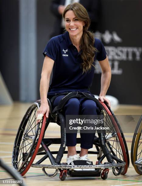 Catherine, Princess of Wales tries her hand at wheelchair rugby and joins a training session facilitated by members of the world-cup winning England...