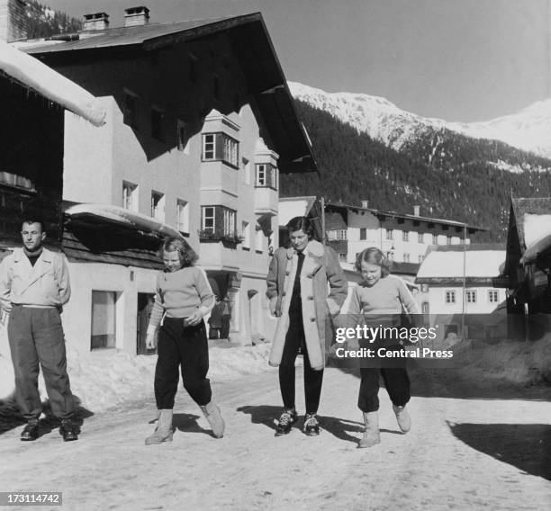 Princess Beatrix of the Netherlands and her sister, Princess Irene with a lady-in-waiting in the village of St Anton during a holiday in Austria,...