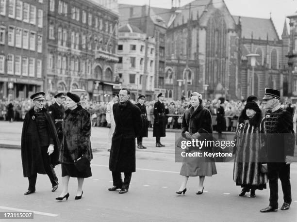 Members of the Dutch royal family at a ceremony in which Hungarian revolutionaries presented their flag to Queen Juliana, Amsterdam, 23rd December...