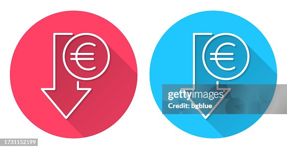 Euro decrease. Round icon with long shadow on red or blue background Euro decrease. Round icon with long shadow on red or blue background