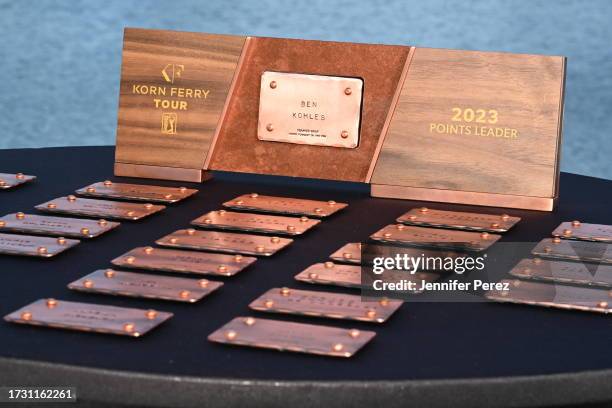 The Points Leader trophy of Ben Kohles is seen during the TOURBound card ceremony after the final round of the Korn Ferry Tour Championship presented...