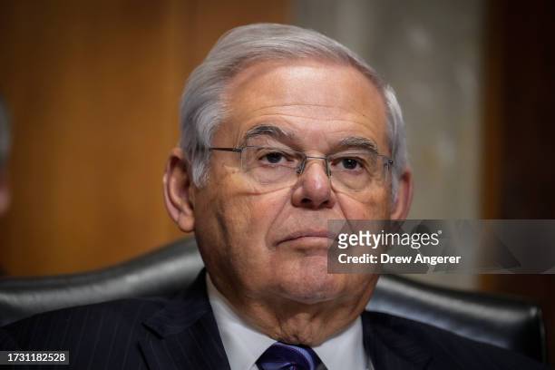 Sen. Bob Menendez looks on during a Senate Foreign Relations Committee confirmation hearing for Jack Lew, President Joe Biden's nominee to be the...