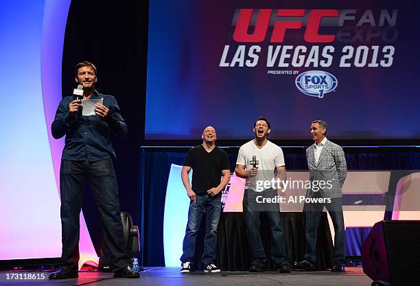 Stephan Bonnar addresses fans after being inducted into the UFC Hall of Fame during the UFC Fan Expo Las Vegas 2013 at the Mandalay Bay Convention...