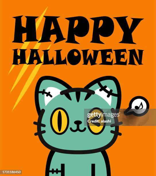 cute halloween character design of a zombie tabby cat - tabby stock illustrations