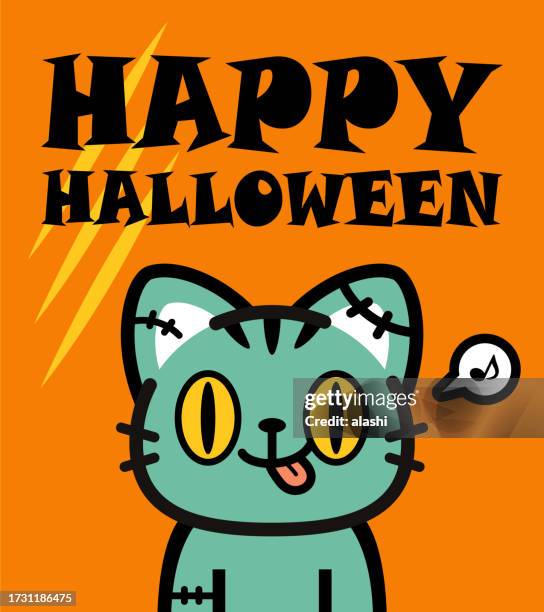 cute halloween character design of a zombie tabby cat - tabby stock illustrations