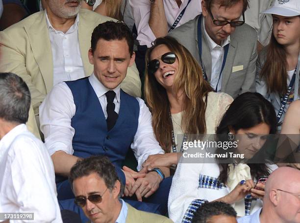 Tom Hiddleston attends the Mens Singles Final on Day 13 of the Wimbledon Lawn Tennis Championships at the All England Lawn Tennis and Croquet Club on...