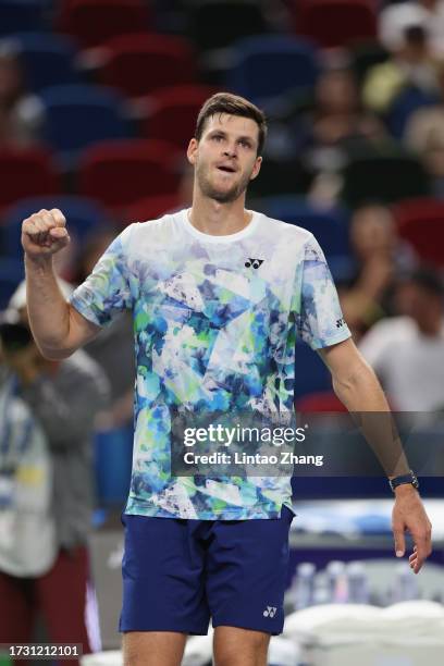 Hubert Hurkacz of Poland celebrates victory in the Men's singles quarterfinal match against Fabian Marozsan of Hungary on Day 11 of 2023 Shanghai...