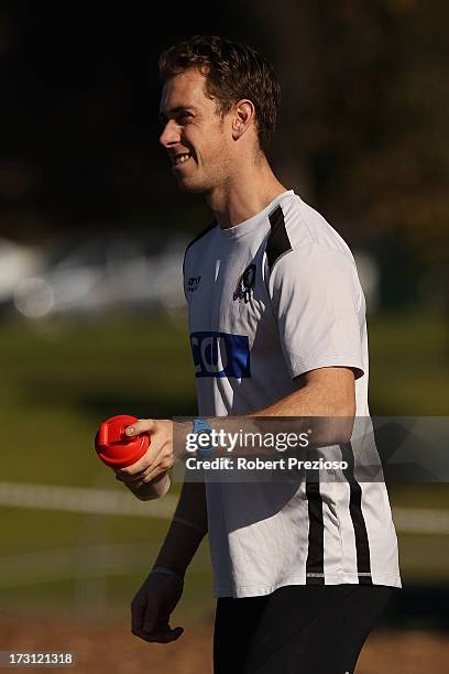 Nick Maxwell of the Collingwood Magpies arrives at Westpac Stadium on July 8, 2013 in Melbourne, Australia.