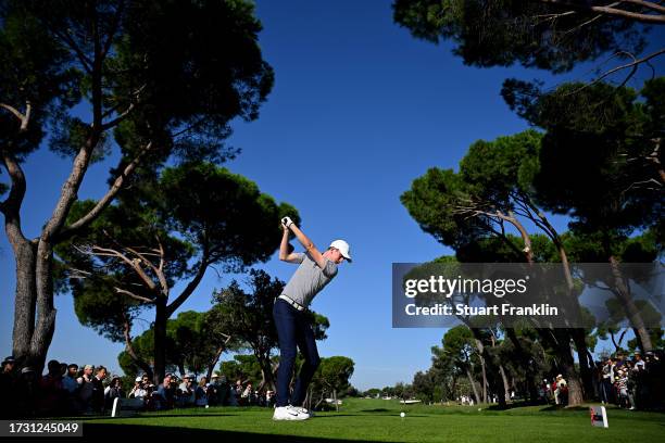 Tom McKibbin of Northern Ireland tees off on the 16th hole on Day One of the acciona Open de Espana presented by Madrid at Club de Campo Villa de...