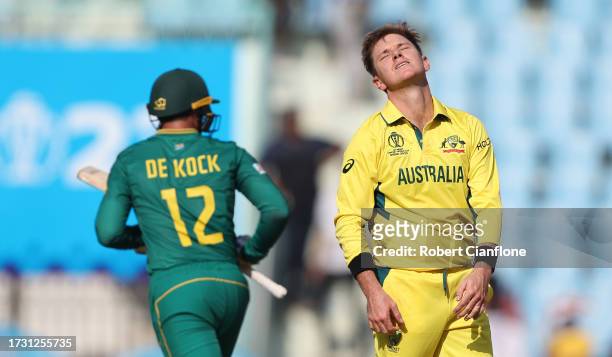 Adam Zampa of Australia reacts during the ICC Men's Cricket World Cup India 2023 between Australia and South Africa at BRSABVE Cricket Stadium on...