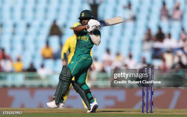 Temba Bavuma of South Africa plays a shot during the ICC Men's Cricket World Cup India 2023 between Australia and South Africa at BRSABVE Cricket...