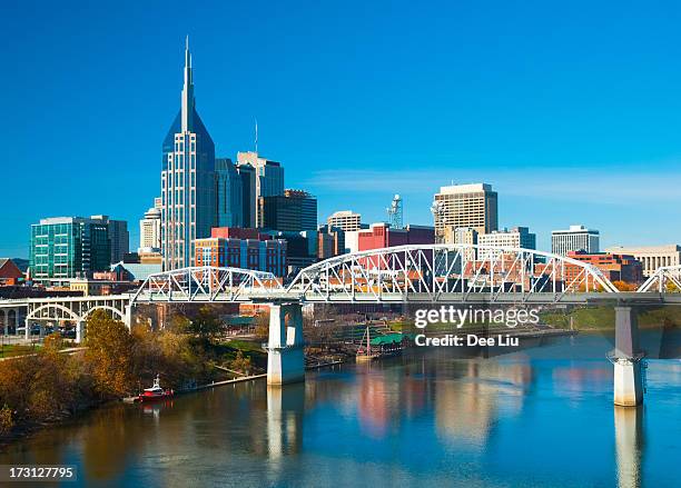nashville skyline, bridge, and river - nashville stock pictures, royalty-free photos & images