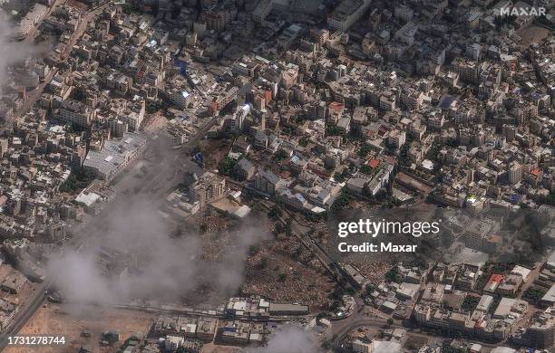 Maxar satellite imagery of the Ahli Hospital after a reported explosion in the hospital courtyard on October 17, 2023. Gazan authorities alleged it...