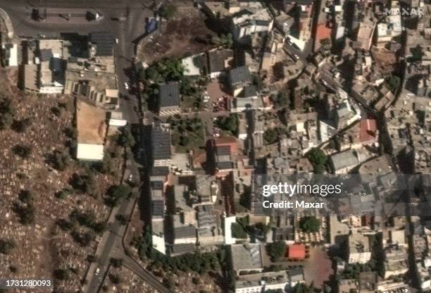 Maxar satellite imagery of the Ahli Hospital before a reported explosion in the hospital's courtyard on October 17, 2023. Gazan authorities alleged...