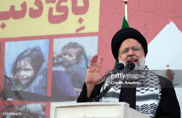 Iranian President Ebrahim Raisi speaks during the protest against the bombing of Gaza's Al-Ahli Baptist Hospital at Palestine Square in Tehran, Iran...