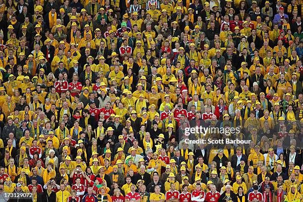 Wallabies and Lions supporters watch in the crowd during the International Test match between the Australian Wallabies and British & Irish Lions at...