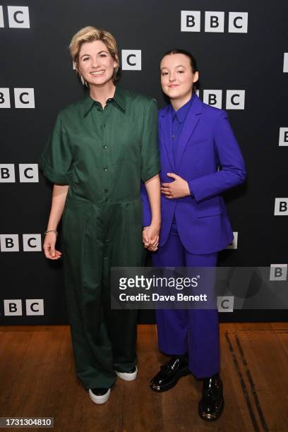 Jodie Whittaker and Bella Ramsey attend a photocall for Series 2 of BBC Drama "Time" at the BFI Southbank on October 18, 2023 in London, England.